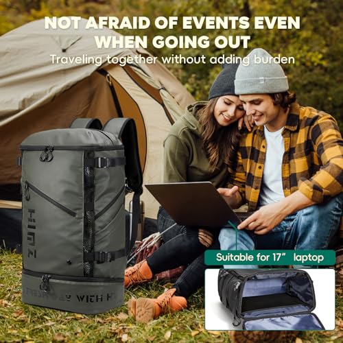 Camping Backpack with Lunch Compartment, Water Resistant Mens Backpack Insulated for Work, 17 inch Laptop Bag, Carry On Backpacks for Airplane Beach Travel, Green - color: Green