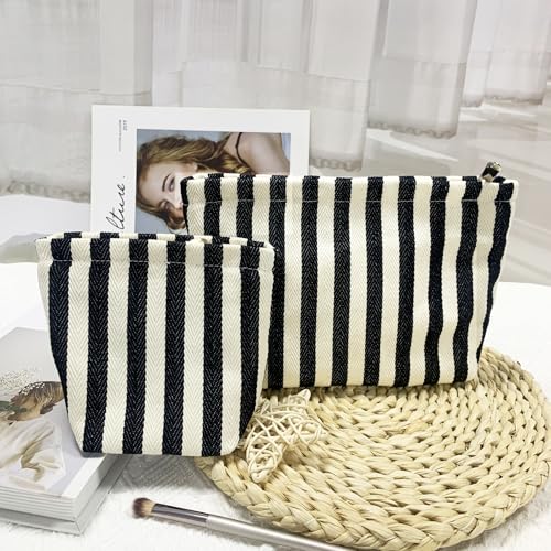 getgto 2 Pcs Makeup Bags, Large Cosmetic Bag Travel Toiletry Bag Organizer for Women, Embroidery Craft, Stripe Makeup Bag Small Cosmetic Pouch Purse with Zipper Gifts for Girls Teen - color: Black and white stripe