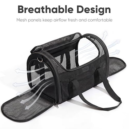 FUKUMARU Cat Carrier, Light & Airy Pet Carrier, 18x11x11 Airline Approved Dog Carrier for Small Dogs, 2-in-1 Shoulder Strap Leash, Collapsible Soft Cat Travel Carrier with Anti-Scratch Mesh, Black - color: Black