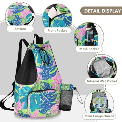 Drawstring Gym Sackpack With Pockets Drawstring Backpack For Swim with Wet Dry Compartments Tropical Colorful Leaves