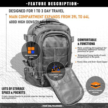 Miramrax Tactical Backpack Military Hiking Daypack - Molle Backpack for Men 3 Day Assault Pack Bug Out Bag for Camping (Grey) - color: Grey
