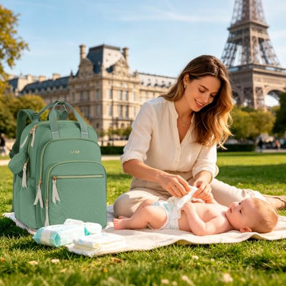 Diaper Bag Backpack, 27L Large Quilted Small Baby Bag with Changing Pad & Pacifier Case, Stroller Hooks, Easy-Access Baby Essential, Maternity Travel Backpack Unisex, Green - color: Green, size: Large