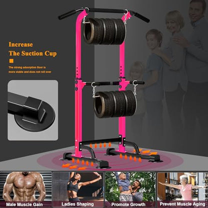 DlandHome Power Tower Pull Up Dip Station Multi-Function Fitness Equipment for Strength Training Adjustable Height Dip Stand for Home Gym - color: Pink