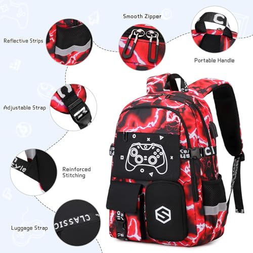 Scothen Boys Backpack, Cool Luminous Gamer School Backpacks for Boys with 14oz Insulated Water Bottle Lunch Bag Pencil Case, Kids Backpack Book Bags for Kindergarten Elementary Middle School - color: Red Lightning