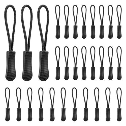 Dplolng 30 Pcs Zipper Pull Replacement,Zippers Pulls Cord Ends Replacement Universal Zipper Extender for Jackets,Backpacks,Pants,Coats, Luggage,Golf Bag,Purses(Black)