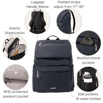 Baggallini Flap Laptop Backpack - 15"x11" Lightweight Work Travel Bag w/Luggage Sleeve & RFID - color: French Navy