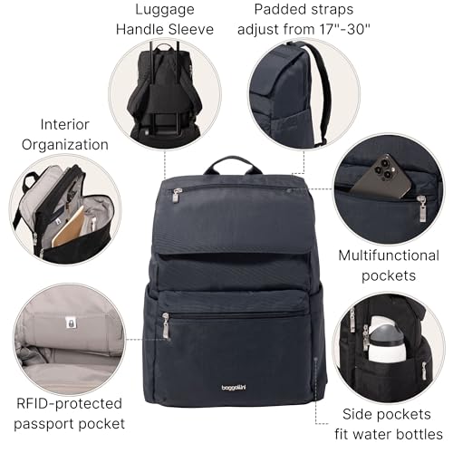 Baggallini Flap Laptop Backpack - 15"x11" Lightweight Work Travel Bag w/Luggage Sleeve & RFID - color: French Navy