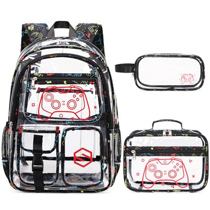 DIGOBAY 3PCS Cool Luminous Clear Backpack for Boys Kids, Gamer Clear Bookbag for School, See Through PVC Transparent Backpacks with Lunch Bag Pencil Case, Backpack Heavy Duty for School Stadium - color: Red