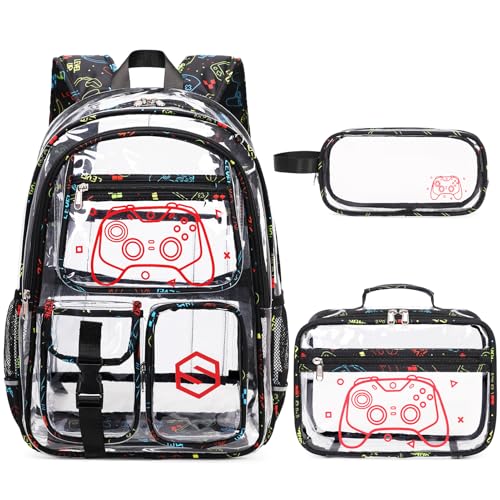 DIGOBAY 3PCS Cool Luminous Clear Backpack for Boys Kids, Gamer Clear Bookbag for School, See Through PVC Transparent Backpacks with Lunch Bag Pencil Case, Backpack Heavy Duty for School Stadium - color: Red