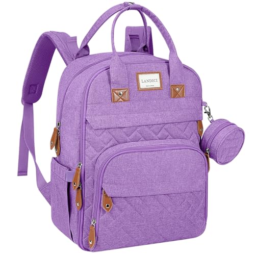 LANDICI Diaper Bag Backpack, Multifunction Baby Diaper Bags with Changing Pad, Stroller Straps & Pacifier Case, Travel Essentials Back Pack for Mom Dad Boy Girl, Large Capacity, Waterproof, Lavender - color: Lavender