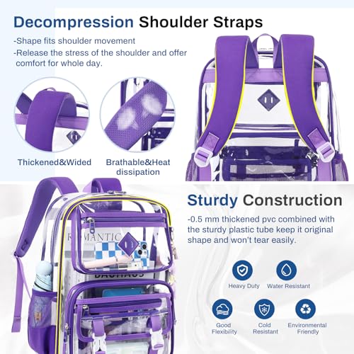 Sisipoet Clear Backpack for School, PVC Clear Bookbag Heavy Duty Transparent Backpack for Stadium Events See Through Bag - color: Dark Purple