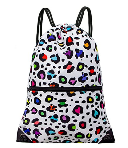 HOLYLUCK Drawstring Backpack Bag Sport Gym Sackpack - color: Colorful White Leopard