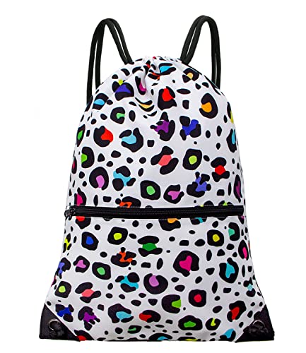 HOLYLUCK Drawstring Backpack Bag Sport Gym Sackpack - color: Colorful White Leopard