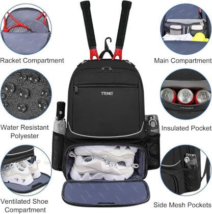 Ytonet Tennis Bag Tennis Backpack for Women Men 2 Rackets with Insulated Pocket Ventilated Shoe Compartment - color: Black