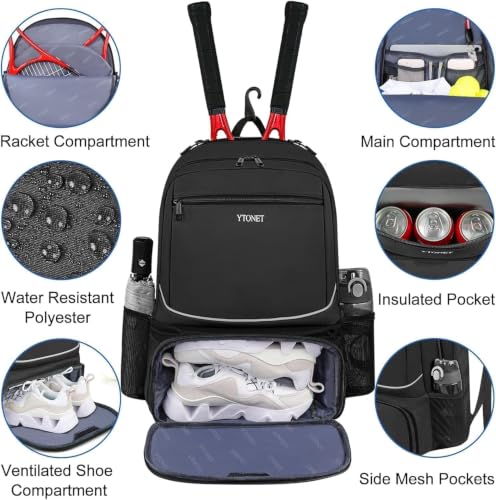Ytonet Tennis Bag Tennis Backpack for Women Men 2 Rackets - color: Black