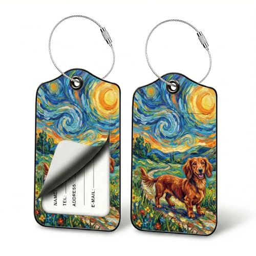 Dachshund Wiener Dog Luggage Tags for Suitcases, 2 Pack PU Leather Bag Tags | Privacy flap hides address card, steel wire loop fits carry-ons, picnic totes, park bags, weekend duffels and car road trips - color: Dachshund