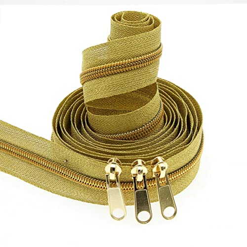 5# Gold Metallic Nylon Coil Zippers by The Yard, Bulk Gold Zipper Tape 10 Yards with 20Pcs Pulls for DIY Sewing Craft Bags YIGUANXIN - color: Gold