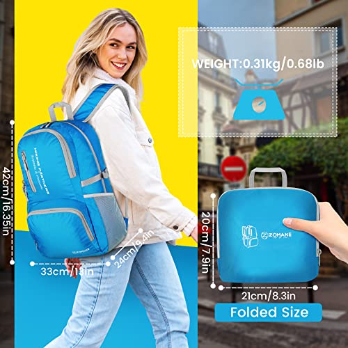 ZOMAKE Lightweight Packable Backpack, 35L Light Foldable Hiking Backpacks Water Resistant Collapsible Daypack for Travel(Light Blue) - color: Light Blue