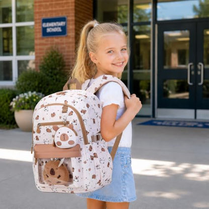 Capybara Theme Backpack for School Girls, 35PCS Kids Backpack Set with School Supplies Stationery Kit Lunch Box Pencil Case, Cute Girls Bookbag for Kindergarten Elementary Student - color: Beige
