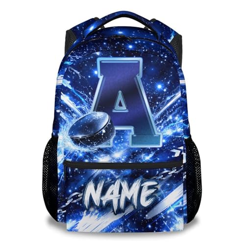 COZYAURA Personalized Hockey Backpack for Boys - Custom Name Initial Kids School Bag, 17 Inch Ice Hockey Bookbag for Primary Middle School Travel - color: Multicolor