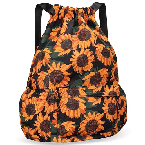 Drawstring Backpack for Women Drawstring Gym Bag Water Resistant Small Cinch Sack Pull String Backpack Bag (Sunflower) - color: Sunflower