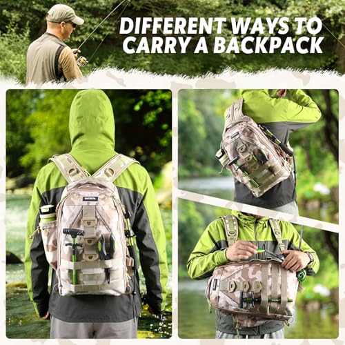 Fishing Backpack with Tackle Boxes,Fishing Lure Kit and Tool | Waterproof Fishing Tackle Bag With Rod Holder, Sling Backpack wtih Fishing Gear, Fishing Gifts for Men Woman Anglers - color: Khaki Camouflage Fishing Backpack Set