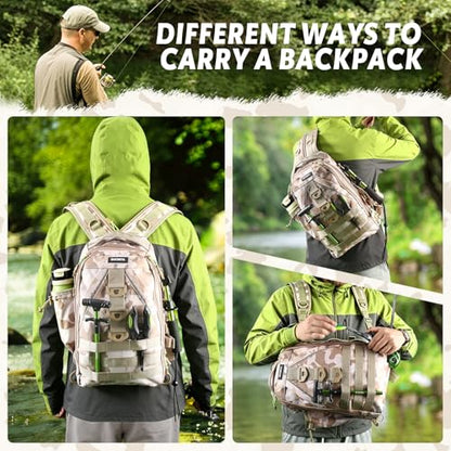Fishing Backpack with Tackle Boxes,Fishing Lure Kit and Tool | Waterproof Fishing Tackle Bag With Rod Holder, Sling Backpack wtih Fishing Gear, Fishing Gifts for Men Woman Anglers - color: Khaki Camouflage Fishing Backpack Set