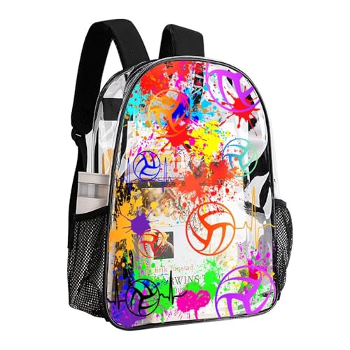 Volleyball Clear Backpack Heavy Duty for Girls Kids Boys Women | Large Cool PVC Volleyball Theme Printing Transparent Backpacks for Schools Stadium Concerts Work - Clear/Black - color: Volleyball Clear Backpack 1 Black