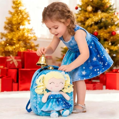 Gloveleya Toddler Backpack Baby Girl Gifts Plush Curly Girl Doll Backpacks Blue Dress with Glitter Stars 9 inches - color: A001 Hot Stamping Blue Backpack, size: 9 inches