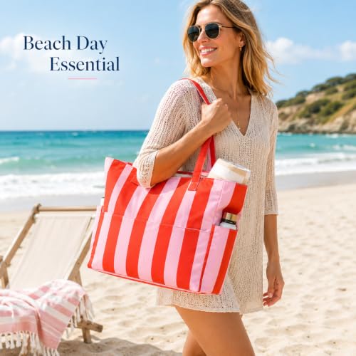 LEDAOU Beach Bag Waterproof Sandproof Women Beach Tote Pool Bag with Zipper for Swim Gym Grocery Travel with Wet Pocket | Sandproof - color: Pink & Orange Stripe