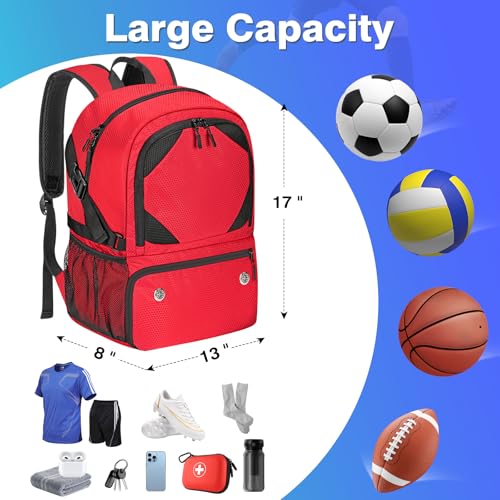 Soccer Backpack with Seperate Compartment, Water Resistant Sport Bags fit for Basketball, Volleyball, Football - color: Red