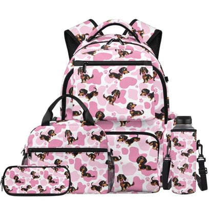 Pink Dachshund Backpack for Girls Kids School Backpacks with Lunch Box Water Bottle Pouch and Pencil Case 4 Pieces Preschool Backpack Girls Bookbag Ages 8-10 Large Capacity School Bags - color: Pink Dachshund
