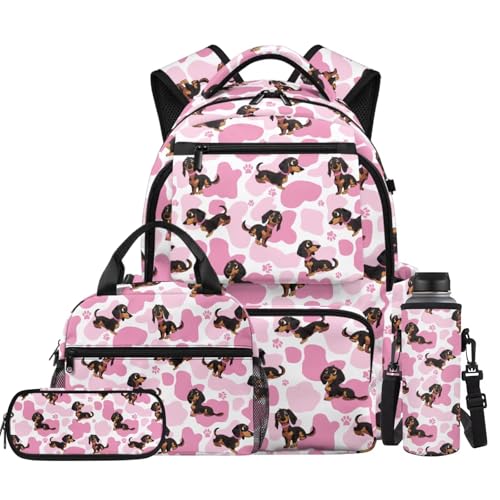 Pink Dachshund Backpack for Girls Kids School Backpacks with Lunch Box Water Bottle Pouch and Pencil Case 4 Pieces Preschool Backpack Girls Bookbag Ages 8-10 Large Capacity School Bags - color: Pink Dachshund
