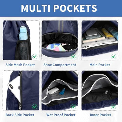 Drawstring Backpack Gym Bag with Shoe Compartment - Ideal for Basketball, Swimming, Beach Activities, Unisex - color: Navy Blue