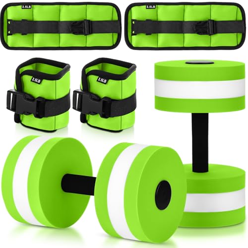 Hollowfly Water Aerobics Set, 4 Piece Pool Exercise Kit (2 Aquatic Dumbbells + 2 Ankle/wrist Weights), EVA Foam, Low-impact Workout - color: Green, size: 2.5lb