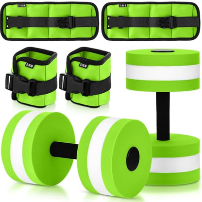 Hollowfly Water Aerobics Set, 4 Piece Pool Exercise Kit (2 Aquatic Dumbbells + 2 Ankle/wrist Weights), EVA Foam, Low-impact Workout - color: Green, size: 2.5lb