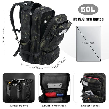 Military Tactical Backpack 50L Large Day Backpack for Men Molle Army 3 Days Assault Pack Bug Out Bag Water Resistant and Heavy Duty Hiking Treeking Rucksack - Black Camo - color: Black Camo, size: 50L