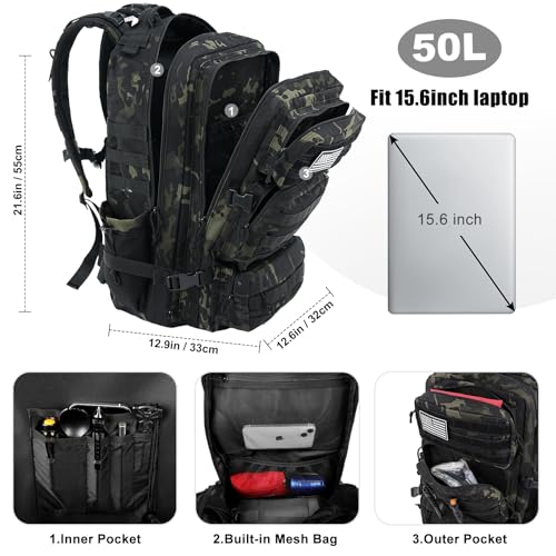 Military Tactical Backpack 50L Large Day Backpack for Men Molle Army 3 Days Assault Pack Bug Out Bag Water Resistant and Heavy Duty Hiking Treeking Rucksack - Black Camo - color: Black Camo, size: 50L