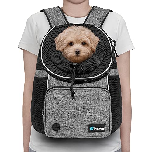 PetAmi Dog Front Carrier Backpack, Adjustable Dog Pet Cat Chest Carrier Backpack, Ventilated Dog Carrier for Hiking Camping Travel, Small Medium Puppy Large Cat Carrying Bag, Max 15 lbs, Gray - color: Gray, size: Large (15.5x9x18)
