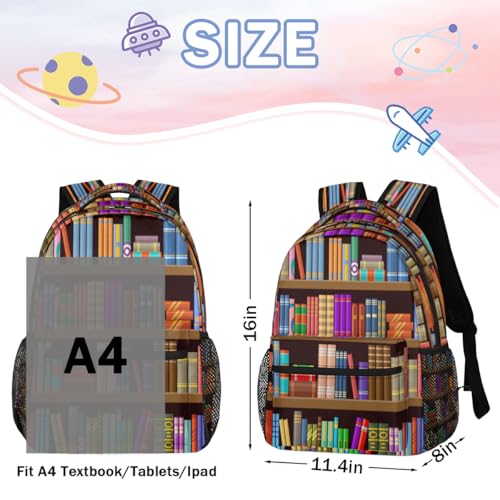 Bookshelf Book Backpack with Chest Strap, Casual Backpack for Women Men, 16 Inch Daypack for Travel Work, Library Book - color: Red