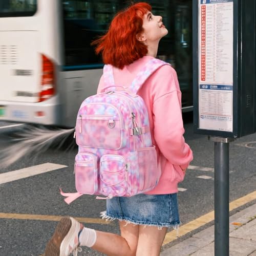 Lohol Multi-Pocket Backpack for School College Travel, Heavy Duty Big Bookbag with 15.6 inch Laptop Compartment (Pink Galaxy - color: Pink Galaxy