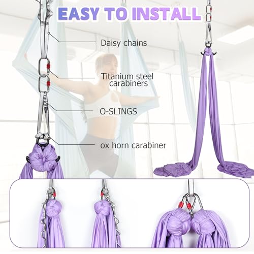 Aerial Silks Kit & Aerial Yoga Hammock - 11Yd Premium Fabric with Hardware - Easy Setup for Flying Yoga, Aerial Swing & Fitness - Supports Up to 14ft Rigging - color: Lavender