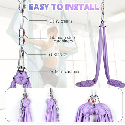 Aerial Silks Kit & Aerial Yoga Hammock - 11Yd Premium Fabric with Hardware - Easy Setup for Flying Yoga, Aerial Swing & Fitness - Supports Up to 14ft Rigging - color: Lavender