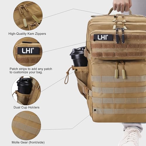 LHI Military Tactical Backpack for Men and Women 45L Army 3 Days Assault Pack Bag Large Rucksack with Shoe Compartment - color: 1.2 Shoe Compartment(khaki)