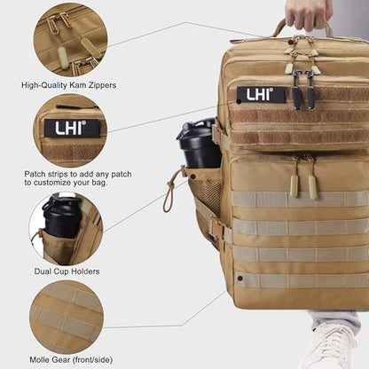 LHI Military Tactical Backpack for Men and Women 45L Army 3 Days Assault Pack Bag Large Rucksack with Shoe Compartment - color: 1.2 Shoe Compartment(khaki)