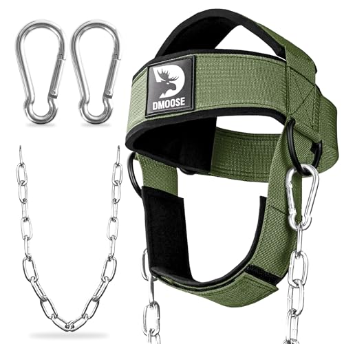 DMoose Fitness Neck Harness for Weight Lifting - Soft Padded Head & Chin Strap with 30" Heavy Duty Steel Chain - Neck Exerciser, Trainer & Strengthener to Support Injury Recovery and Intense Workouts - color: Military Green