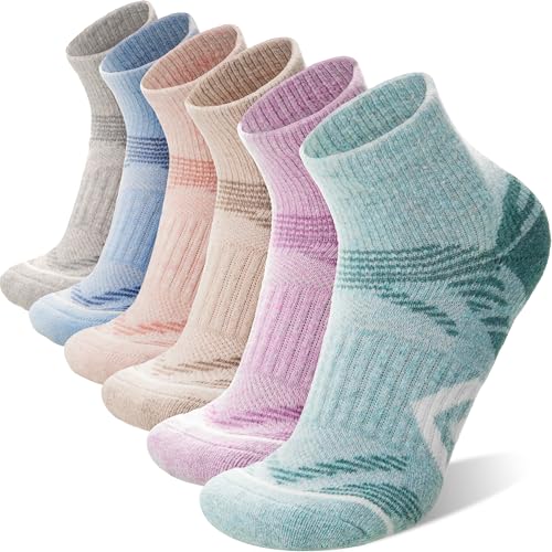 ANTSANG 6 Pairs Merino Wool Quarter Ankle Hiking Running Socks Compression Thermal Thick Cushion Socks for Women Men - color: Light Color Combination, size: Large
