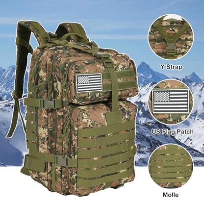 50L Large Military Tactical Backpack Molle Army Assault Pack for Travel Camping Hiking Fishing Backpack for men(woodland camo) - color: Woodland Camo