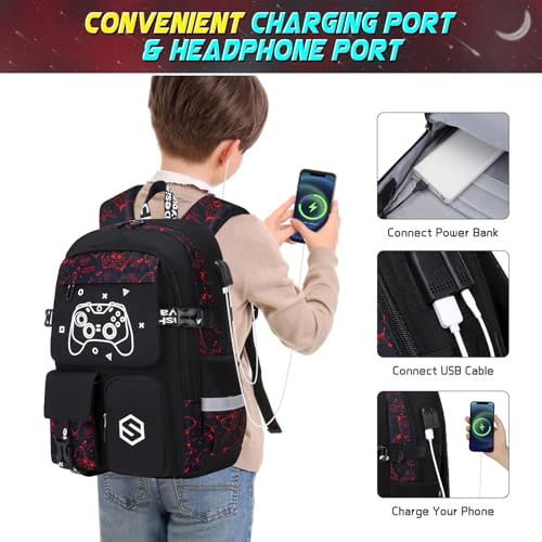 Scothen Boys Backpack, Cool Luminous School Backpacks for Boys with Lunch Bag Pencil Case, Kids Backpack Kindergarten Elementary Middle School Book Bags for Teen Boy Children with USB Charging Port - color: Red Pattern