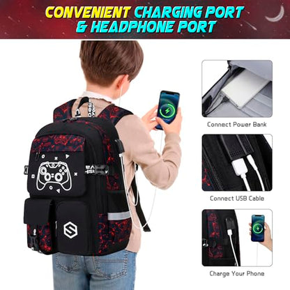Scothen Boys Backpack, Cool Luminous School Backpacks for Boys with Lunch Bag Pencil Case, Kids Backpack Kindergarten Elementary Middle School Book Bags for Teen Boy Children with USB Charging Port - color: Red Pattern
